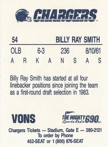 1991 Von's San Diego Chargers #9 Billy Ray Smith Back