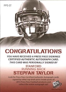 2013 Press Pass - Autographs Bronze #PPS-ST Stepfan Taylor Back