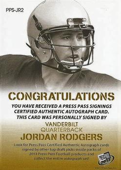 2013 Press Pass - Autographs Gold #PPS-JR2 Jordan Rodgers Back