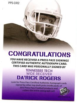 2013 Press Pass - Autographs Silver #PPS-DRO Da'Rick Rogers Back