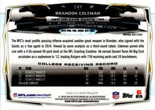 2014 Topps Chrome Mini #147 Brandon Coleman Back