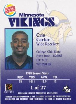 1999 Burger King Minnesota Vikings #1 Cris Carter Back