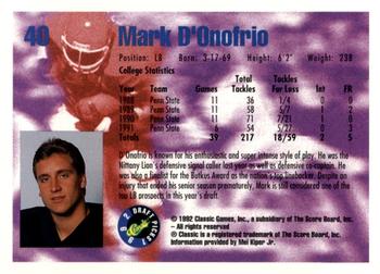 1992 Classic Blister #40 Mark D'Onofrio Back