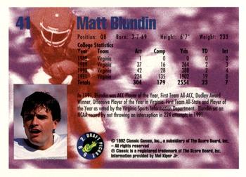 1992 Classic Blister #41 Matt Blundin Back