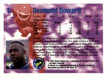 1992 Classic Blister #1 Desmond Howard Back