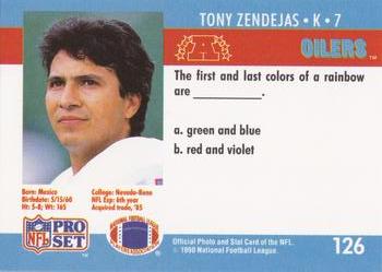 1990 Pro Set FACT Cincinnati #126 Tony Zendejas Back