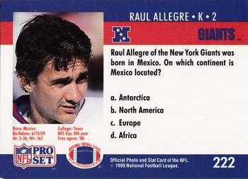 1990 Pro Set FACT Cincinnati #222 Raul Allegre Back