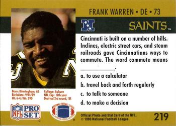 1990 Pro Set FACT Cincinnati #219 Frank Warren Back