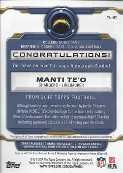 2014 Topps - Signatures #TA-MT Manti Te'o Back