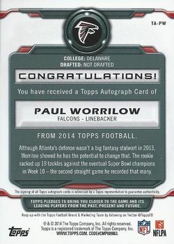 2014 Topps - Signatures #TA-PW Paul Worrilow Back