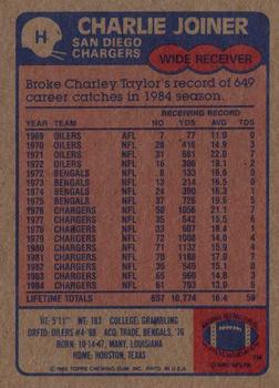 1985 Topps - Wax Box Bottom Singles #H Charlie Joiner Back