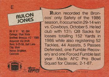 1987 Topps - Wax Box Bottom Panels Singles #E Rulon Jones Back