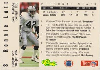 1992 Classic NFL Game #3 Ronnie Lott Back
