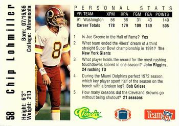 1992 Classic NFL Game #58 Chip Lohmiller Back