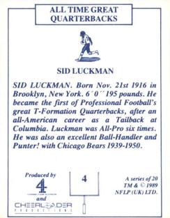 1989 All Time Great Quarterbacks #4 Sid Luckman Back