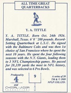 1989 All Time Great Quarterbacks #9 Y.A. Tittle Back