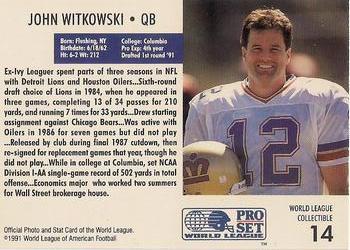 1991 Pro Set WLAF World Bowl Combo #14 John Witkowski Back