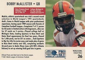 1991 Pro Set WLAF World Bowl Combo #26 Bobby McAllister Back