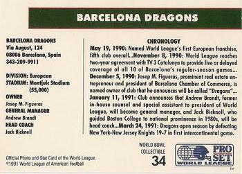 1991 Pro Set WLAF World Bowl Combo #34 Barcelona Dragons Back