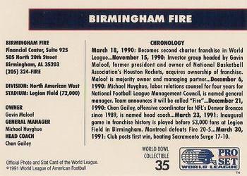 1991 Pro Set WLAF World Bowl Combo #35 Birmingham Fire Back