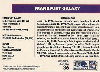 1991 Pro Set WLAF World Bowl Combo #36 Frankfurt Galaxy Back