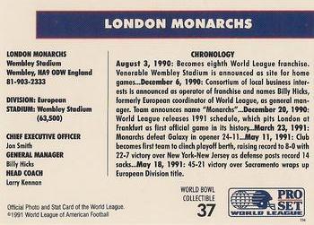 1991 Pro Set WLAF World Bowl Combo #37 London Monarchs Back