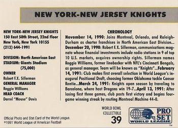 1991 Pro Set WLAF World Bowl Combo #39 New York-New Jersey Knights Back