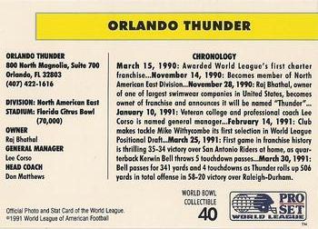 1991 Pro Set WLAF World Bowl Combo #40 Orlando Thunder Back