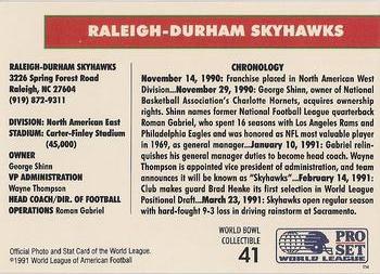 1991 Pro Set WLAF World Bowl Combo #41 Raleigh-Durham Skyhawks Back