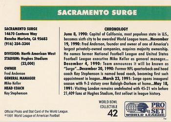 1991 Pro Set WLAF World Bowl Combo #42 Sacramento Surge Back