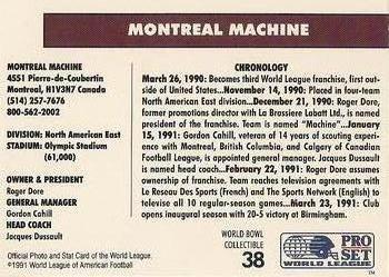 1991 Pro Set WLAF World Bowl Combo #38 Montreal Machine Back