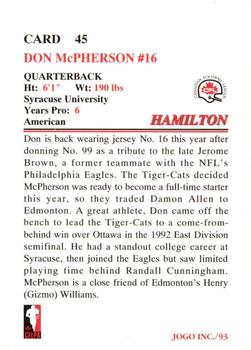 1993 JOGO #45 Don McPherson Back