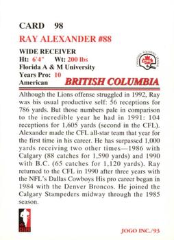 1993 JOGO #98 Ray Alexander Back