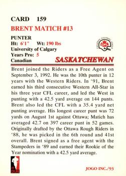 1993 JOGO #159 Brent Matich Back