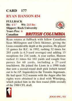 1993 JOGO #177 Ryan Hanson Back