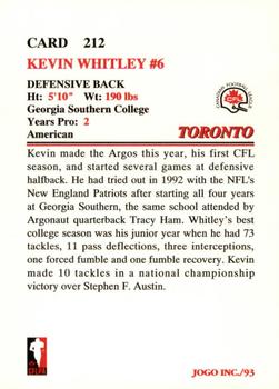 1993 JOGO #212 Kevin Whitley Back