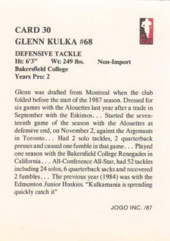1987 JOGO #30 Glenn Kulka Back