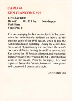 1986 JOGO #44 Ken Ciancone Back
