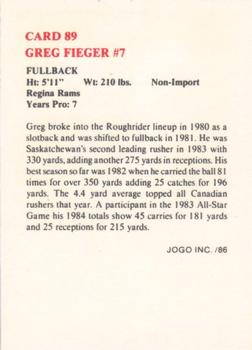 1986 JOGO #89 Greg Fieger Back