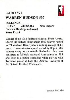 1988 JOGO #71 Warren Hudson Back