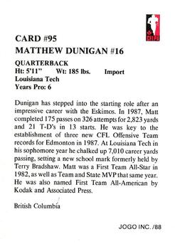 1988 JOGO #95 Matt Dunigan Back