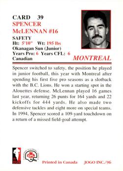 1996 JOGO #39 Spencer McLennan Back
