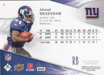 2009 SP Authentic #7 Ahmad Bradshaw Back