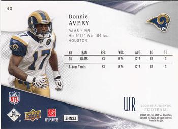 2009 SP Authentic #40 Donnie Avery Back