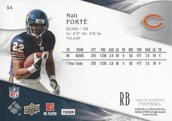 2009 SP Authentic #54 Matt Forte Back