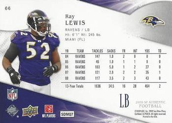 2009 SP Authentic #66 Ray Lewis Back