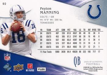 2009 SP Authentic #92 Peyton Manning Back