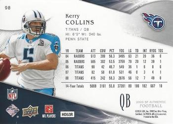 2009 SP Authentic #98 Kerry Collins Back