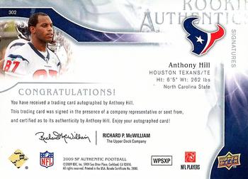 2009 SP Authentic #302 Anthony Hill Back