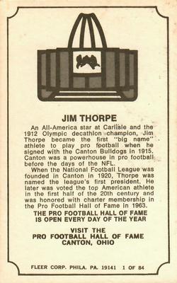1975 Fleer Football Patches - Immortal Roll #1 Jim Thorpe Back